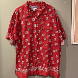 3/10 Vtg Dragon Print Button Up Shirt XL Red Tropical Hawaiian Rayon Summer